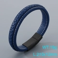 Bracelet pour hommes en cuir tressé bleu avec couture blanche et fermoir aimanté - Cuir Bleu Fermoir Noir (KB205361-JR)