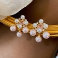 Elegant mermaid pearl earrings with pink gemstone in gold finish vintage design - Pink Gemstone Pearl Studs (21#)