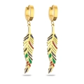 Bohemian gold feather drop earrings with colorful enamel eye details on white background - Feather Style (43663)