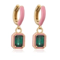 Pink enamel hoop earrings with emerald-cut green crystal drops in golden finish - Pink Enamel Green Zircon