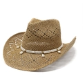 Sombrero vaquero de paja calada con correas de perlas y diseño tejido transpirable - M (56-58cm) / Caqui