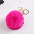 Detail of rose red faux rabbit fur pom pom keychain with gold lobster clasp and ring - Rose Red With Fur Ball