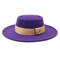 Detail of purple wool felt boater hat featuring a gold ribbon and bee emblem - M (56-58cm) / Purple