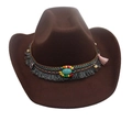 Dark brown felt cowboy hat with ethnic beaded band and turquoise stone accent - Ethnic Style Decor / Coffee