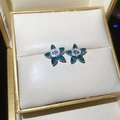 Close-up of five-petal flower stud earrings with blue zircon petals and a central crystal - Blue Flower / Blue