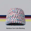Rainbow knit beanie with colorful crochet texture for a cute and trendy look - One Size / Neon Hat Pink