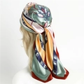 Elegant 90cm vintage floral satin silk scarf worn as a headscarf for stylish women - Green Gold Pink Retro Print (FT202-3) / 90*90cm