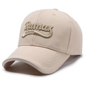 Classic beige baseball cap with premium gold 3D embroidery featuring artistic lettering - Adjustable / Light Beige