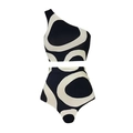 Detailed flat lay of a one-shoulder high-waisted bikini with black and cream abstract print - S / Top And Bottom (2-Piece Split Set) / Black and White Abstract Print