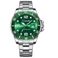 Men's green dive watch with stainless steel strap and luminous dial on white background - Silver Steel Band Green Dial