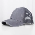 Distressed dark grey washed ponytail baseball cap with breathable mesh and cross back - Adjustable / Gray Mesh