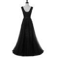 Detailed view of black V-neck evening gown with intricate lace embroidery and beads - S / Black