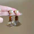 14K gold plated vintage drop earrings with tiger eye resin and faux pearl accents - Pearl Marble Long Drops (51#)