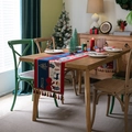 Chemin de table de Noël avec motifs rennes, nœuds, glands et texte Joyeux Noël brodé - 35x300cm / Bleu et Blanc Noël avec Gland Rouge