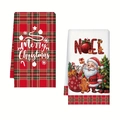 Christmas microfiber kitchen towels with red plaid patterns and festive Noel prints - Design 13 (2PCS)