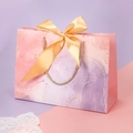 Pink purple marble gift bag with gold glitter accents and a satin ribbon bow - Gilded Purple; Horizontal Extra Small Size 19*15*7 Ribbon Style