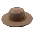 Dettaglio della corona piatta e della tesa larga del cappello in feltro di lana color cammello - M (56-58cm) / Cachi scuro con nastro cachi