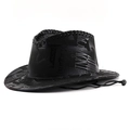Black western cowboy hat with artistic letter print and hand-stitched details - M(56-58CM) Adjustable / Black
