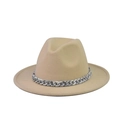 Detailed texture of beige wool fedora featuring a stylish grey marble acrylic chain link - Beige