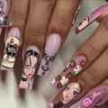 Long square press-on nails with strawberry art and anime characters in pink purple glitter - LF612 Strawberry Girl