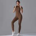 Close-up of chocolate brown yoga bodysuit with stand collar zipper and short sleeves - S / Top And Bottom / Chestnut Brown