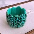 Irregular teal green wide bangle with leopard print pattern and segmented wave design - Cyan Leopard Square Slice Style (60# Bangle - Blue)