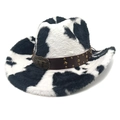 Detail of western cow print felt hat with leather band and vintage metal bull skull buckle - M (56-58cm) / Flat Top (Cow Print) / Black