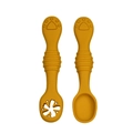 Ginger yellow baby silicone training spoon set with cat paw handle and hollow flower design - Two-Piece Set / Ginger Yellow
