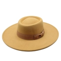 Camel wool fedora hat with wide brim and brown ribbon bow tie decoration on white background - Adult 57-59cm / Camel