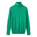 Detail of bright green turtleneck sweater with gold buttons on ribbed knit cuffs - Green