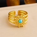 Vintage 18K gold plated stainless steel ring with sunburst design and turquoise stone - Sun Turquoise 3-Layer Open Style (R513) / Adjustable Open