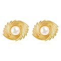 Elegant 18K gold plated stainless steel swirl earrings with white pearl inlay - Gold Spiral Stud Earrings with White Faux Pearl (MS-525)