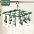 Square stainless steel drying rack in luxury green with 18 clips for socks and laundry - Square 18 Clips - Light Luxury Green