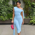 Sky blue two-piece set featuring asymmetrical sleeveless top and slim-fit capri pants - Blue