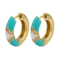 Close-up of gold hoop earrings with blue enamel, white dripping oil and sparkling zircons - Green Rhombus Rhinestones