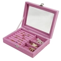 Pink velvet jewelry organizer tray with transparent lid and ring slots for storage - 3-Grid + Pink Ring Jewelry Box