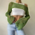 Coprispalle verde erba all'uncinetto con maniche svasate e struttura in maglia a rete - Verde