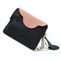 Litchi pattern leather elephant coin purse in black and pink with gold keychain - Black