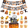 Basketball theme birthday party set with Happy Birthday banner cake toppers and swirls - Set of Banner, Large Topper, Small Toppers and Hanging Swirls / Set Specifications