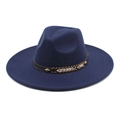 Classic dark blue wool wide brim fedora hat with studded leather band decoration - M(56-58cm) / Navy Blue