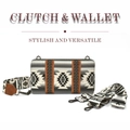 Detail of bohemian canvas clutch with geometric patterns and detachable wide shoulder strap - Black