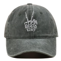 Close-up of skeleton hand embroidery and Good Vibes text on washed cotton baseball cap - Adjustable / Army Green