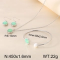 Silver stainless steel jewelry set with green cubic zirconia and pearl details - 3-Piece Set (Necklace + Earrings + Bracelet) / Steel Green