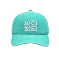 Close-up of triple MINI embroidery on mint green cotton twill baseball cap with stitching - Kids Size / Lake Blue (MINI Style)