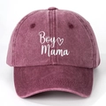 Close-up of white Boy Mama embroidery with heart on vintage washed cotton baseball cap - One Size / Burgundy