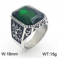 Vintage stainless steel ring with large green gemstone and carved totem, 18mm wide - Style D Steel Green (KR109916-TGX)
