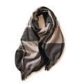 Classic black white and grey plaid checkered scarf with soft tassel fringe detail - Black