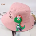 Detailed view of pink cotton bucket hat featuring green cartoon dinosaur and breathable eyelet - Circumference 54CM for 2-8 Years / Pink