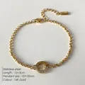 14K gold plated stainless steel bracelet with 10mm round zirconia inlaid charm pendant - Pave Rhinestone Circle Pendant Fine Chain (XBL0022-2)