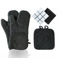 Black silicone oven mitts and pot holders set with diamond texture and waffle towels - Black Long 6-Piece Set (2 Mitts + 2 Pads + 2 Waffle Towels)